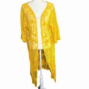 Grace And Emma Sheer Duster Mustard Yellow Embroidered XL/2XL Bohemian Boho NWT